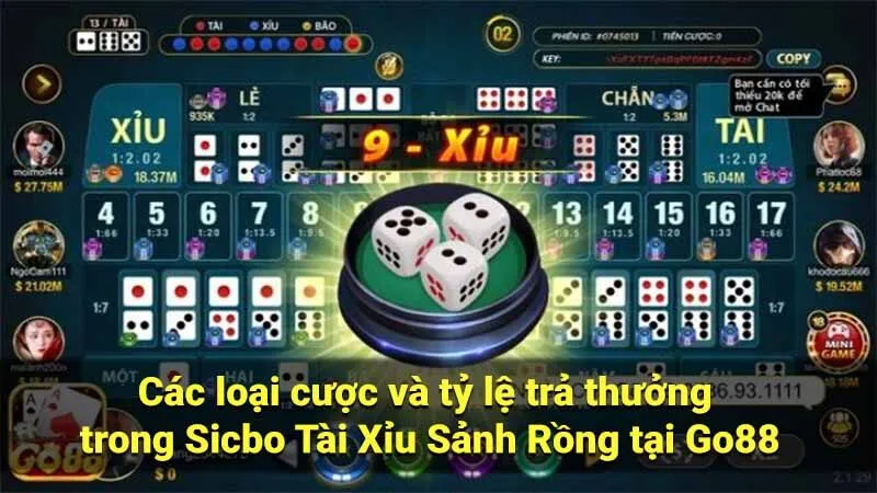 Các loại cược và tỷ lệ trả thưởng trong Sicbo Tài Xỉu Sảnh Rồng tại Go88